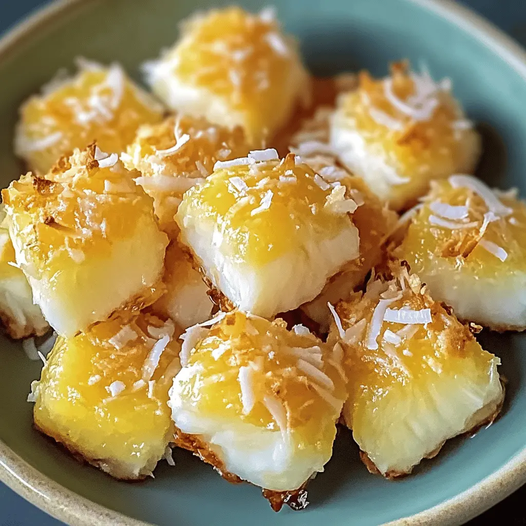 These Coconut Pineapple Bites are the perfect tropical treat! Bursting with fresh pineapple and creamy coconut, they're great for parties or a light dessert. Easy to make and sure to impress, these little bites will transport your taste buds straight to the beach. Save this recipe for your next gathering or a sweet snack!