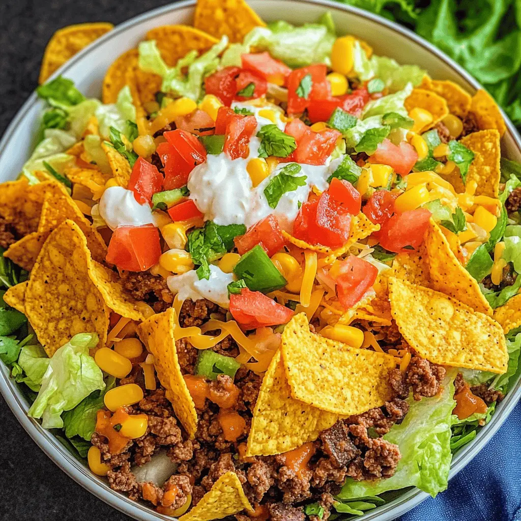 This Doritos Taco Salad brings the perfect crunch to your meal! With layers of seasoned beef, fresh veggies, and zesty dressing, it’s a flavor explosion that everyone will love. Gather your friends for game night or potlucks—this dish is sure to be a hit! Save this recipe for your next gathering and enjoy a fun twist on a classic salad!