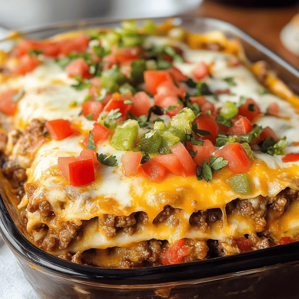 Layers of flavor come together in this delicious Mexican Lasagna! With tortillas, seasoned ground beef, and cheesy goodness, this dish is perfect for any family dinner or gathering. Easy to prepare and sure to impress, save this recipe now for a tasty weeknight meal or special occasion! Enjoy the delightful blend of spices and textures in every bite!