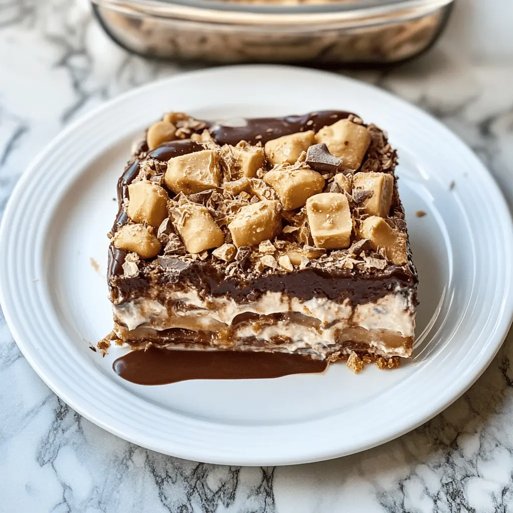 Layers of rich chocolate and creamy peanut butter come together in this easy No Bake Peanut Butter Chocolate Lasagna. Perfect for satisfying your sweet tooth, this delicious dessert features a crunchy cookie crust, smooth filling, and fluffy whipped topping. Save this recipe for your next gathering or family dinner—everyone will love a slice of this indulgent treat!