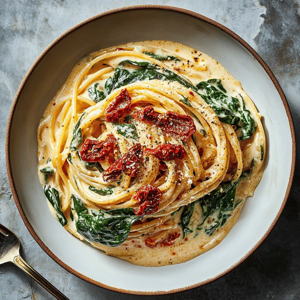 Looking for a quick and tasty dinner? This Spaghetti and Spinach with Sun-dried Tomato Cream Sauce brings together vibrant flavors in just one pot! Creamy and rich, with delightful sun-dried tomatoes and fresh spinach, it's perfect for busy weeknights or cozy gatherings. Save this recipe for your next meal idea!