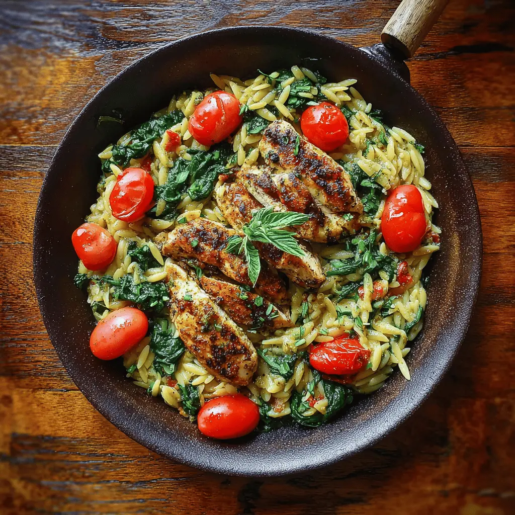Easy Chicken Orzo With Spinach, Tomatoes & Pesto