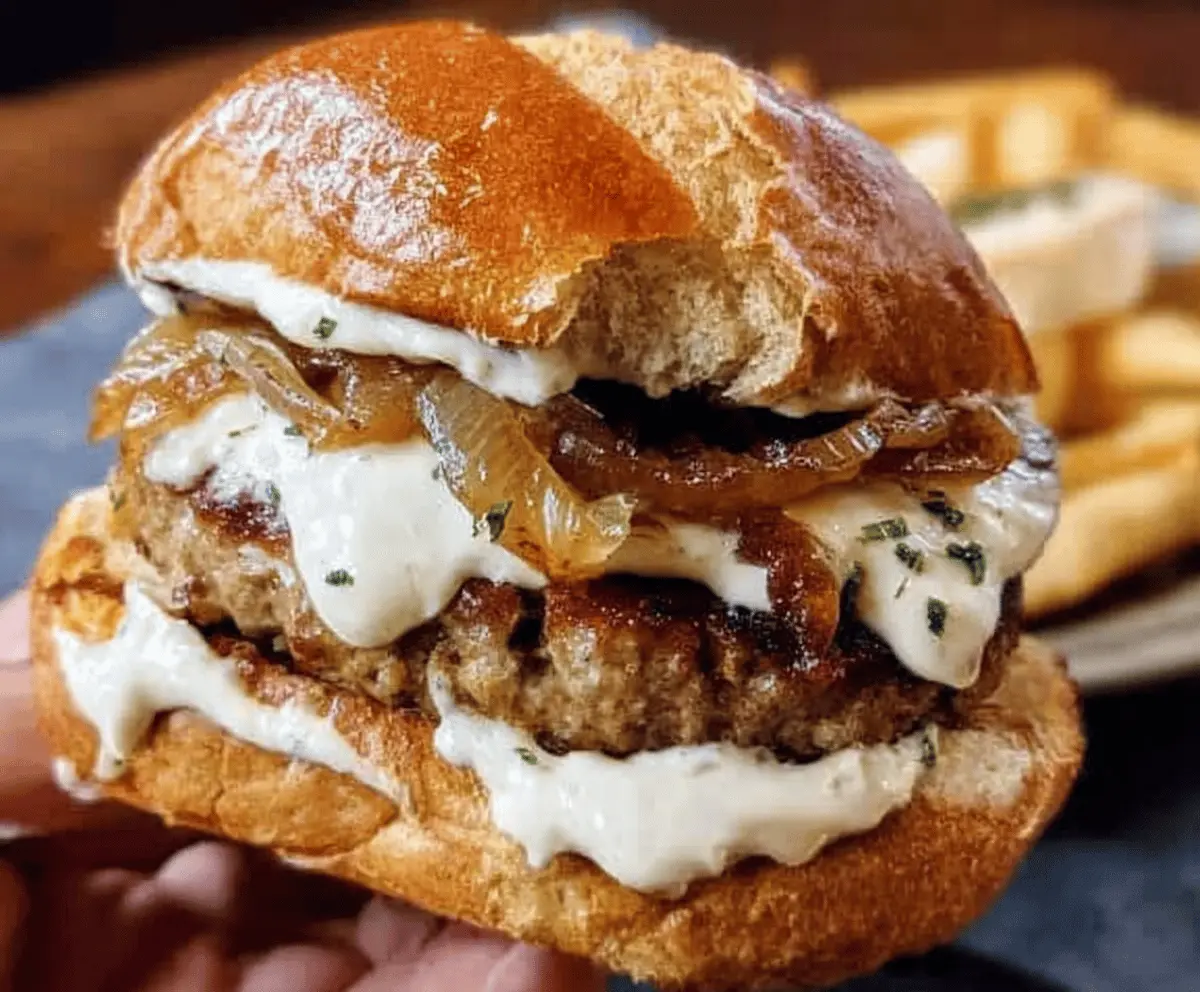 Easy Turkey Burgers with Caramelized Onions and Aioli