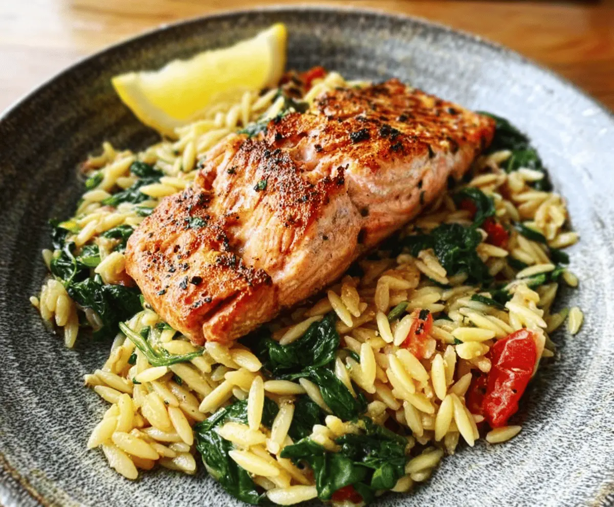 One Skillet Lemon Salmon with Easy Orzo