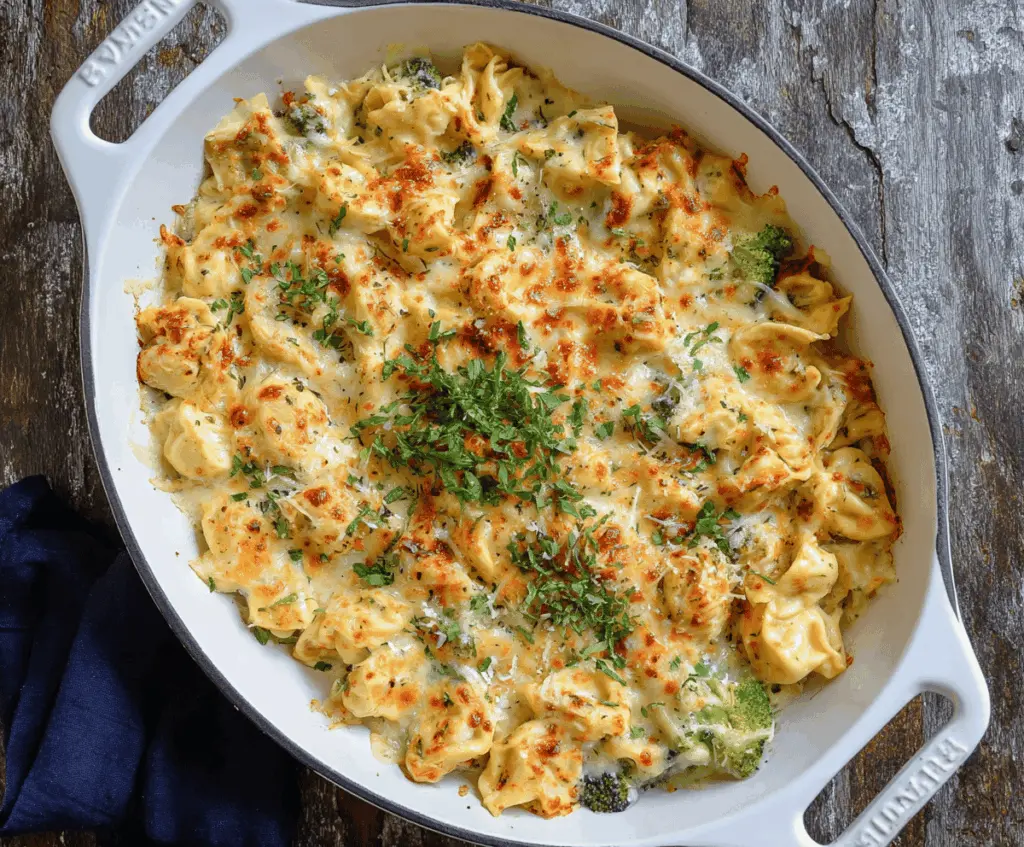 Creamy Alfredo Tortellini Bake topped with melted cheese and fresh herbs, served in a baking dish.