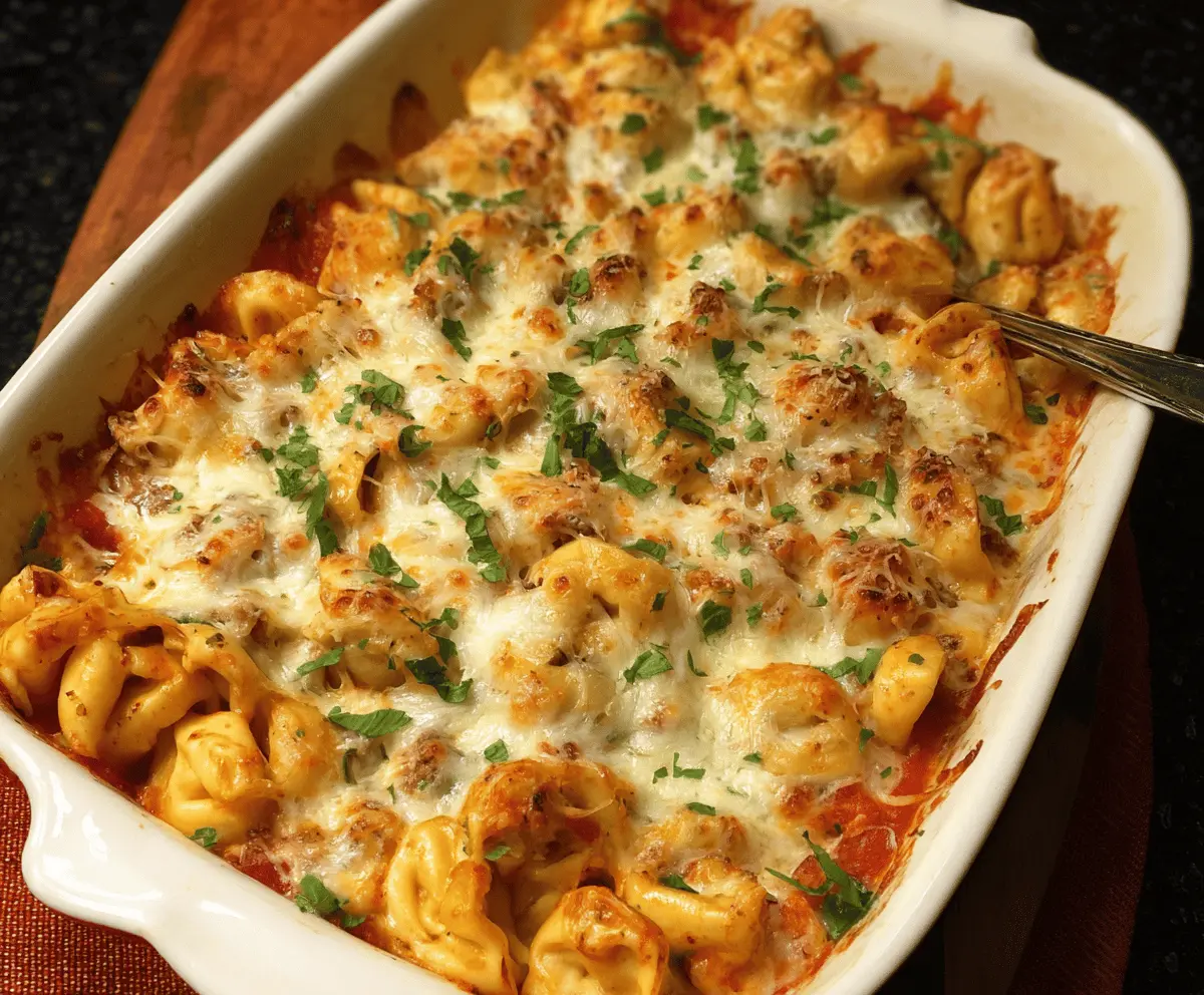 Delicious Alfredo Tortellini Bake topped with melted cheese and fresh herbs in a baking dish