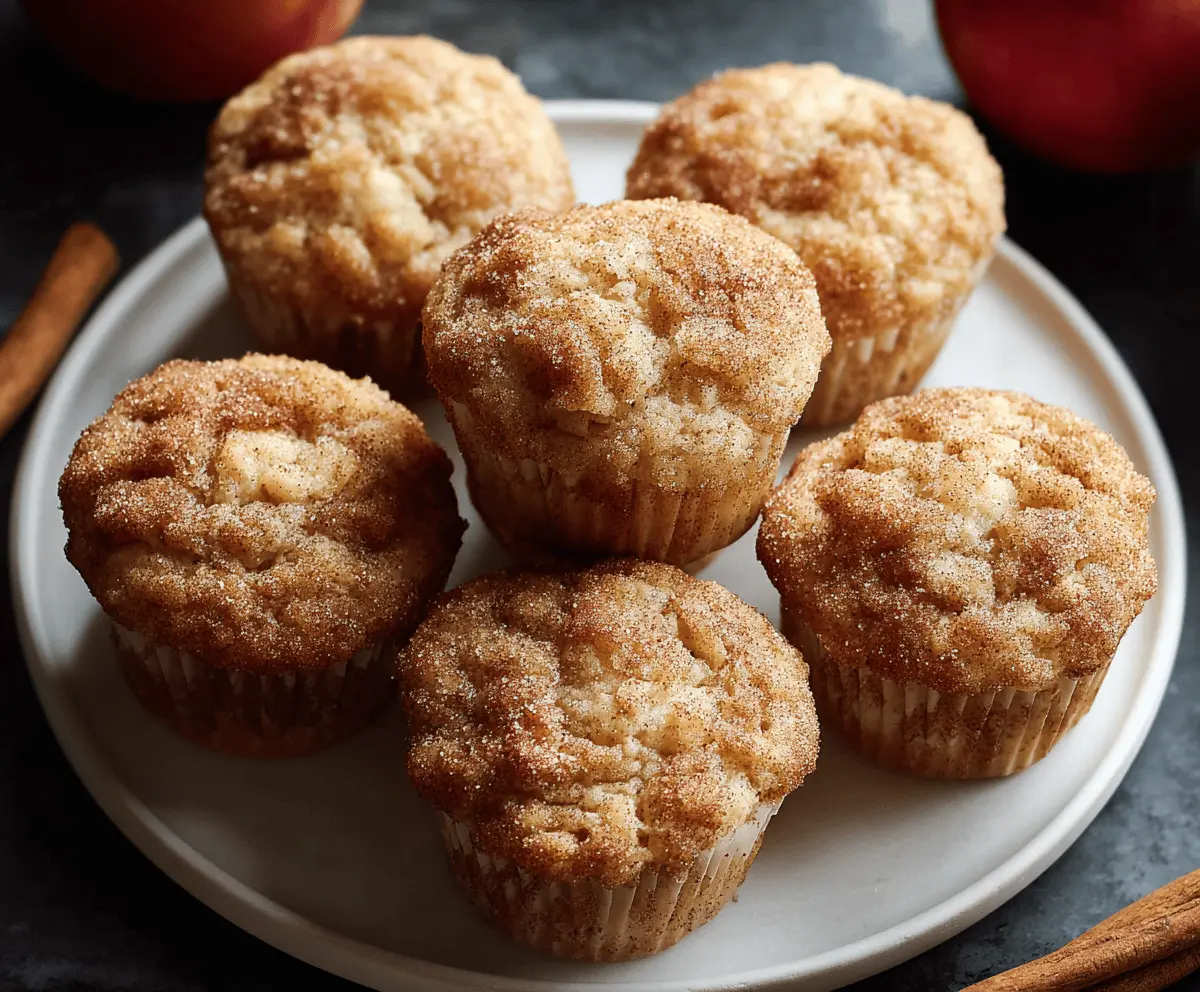 Delicious homemade apple cinnamon muffins topped with cinnamon sugar and fresh apple slices, perfect for breakfast or snacks.