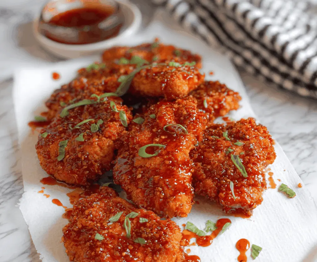 Golden baked crunchy hot honey chicken served on a plate with a crispy coating and drizzled with spicy honey sauce, perfect for a flavorful meal.