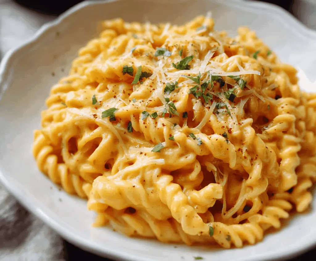 Creamy butternut squash pasta sauce served over cooked pasta with fresh herbs, perfect for a cozy vegetarian dinner.