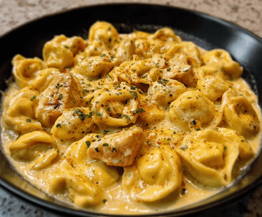 Creamy Cajun Garlic Chicken Tortellini topped with melted cheese in a three-cheese cream sauce, served on a white plate.