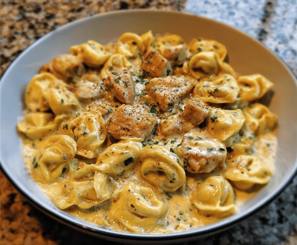 Creamy Cajun Garlic Chicken Tortellini topped with melted cheese in a three-cheese cream sauce, garnished with herbs