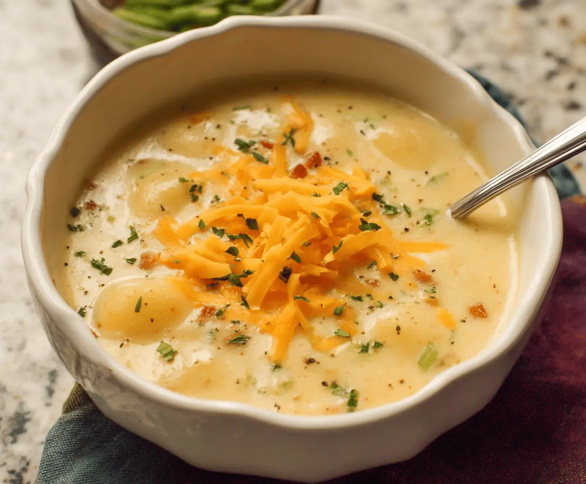 Creamy cheddar garlic herb potato soup served in a bowl with fresh herbs and a garlic crust, perfect for a comforting meal.