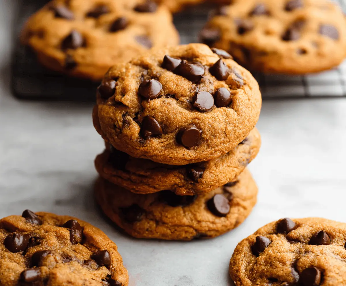 Delicious chewy pumpkin chocolate chip cookies topped with chocolate chips, perfect for fall treats and cookie lovers