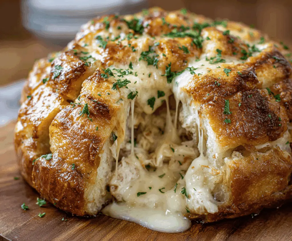 Delicious Chicken Alfredo Monkey Bread topped with melted cheese and herbs, perfect for sharing