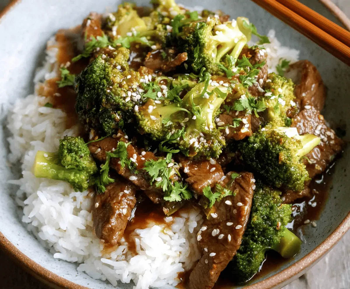 Delicious Chinese Beef and Broccoli stir-fry with tender beef slices and fresh broccoli florets served on a white plate