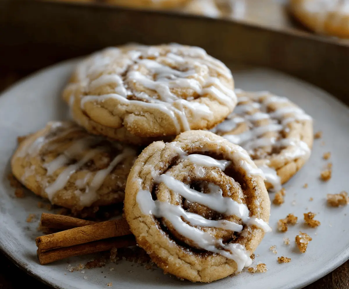 Sweet cinnamon roll sugar cookies with icing drizzle, perfect for dessert or holiday treats.