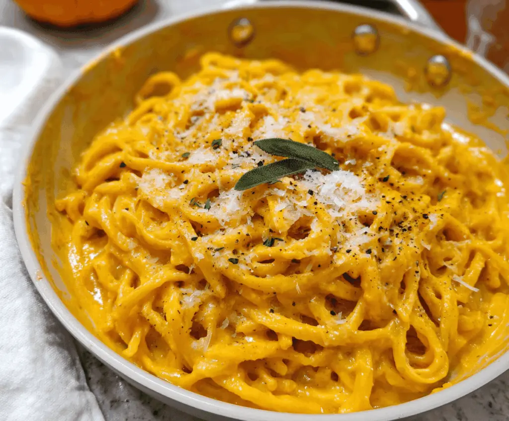 A bowl of creamy pumpkin pasta garnished with fresh herbs and grated cheese, showcasing a rich, vibrant orange sauce topped with basil leaves.