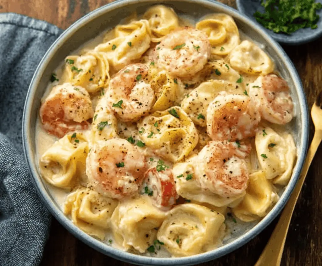 Creamy shrimp and cheese tortellini Alfredo dish garnished with fresh herbs on a white plate