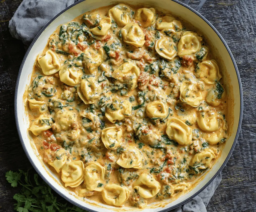 Creamy spinach and tomato tortellini in a bowl, garnished with fresh herbs, served on a white plate