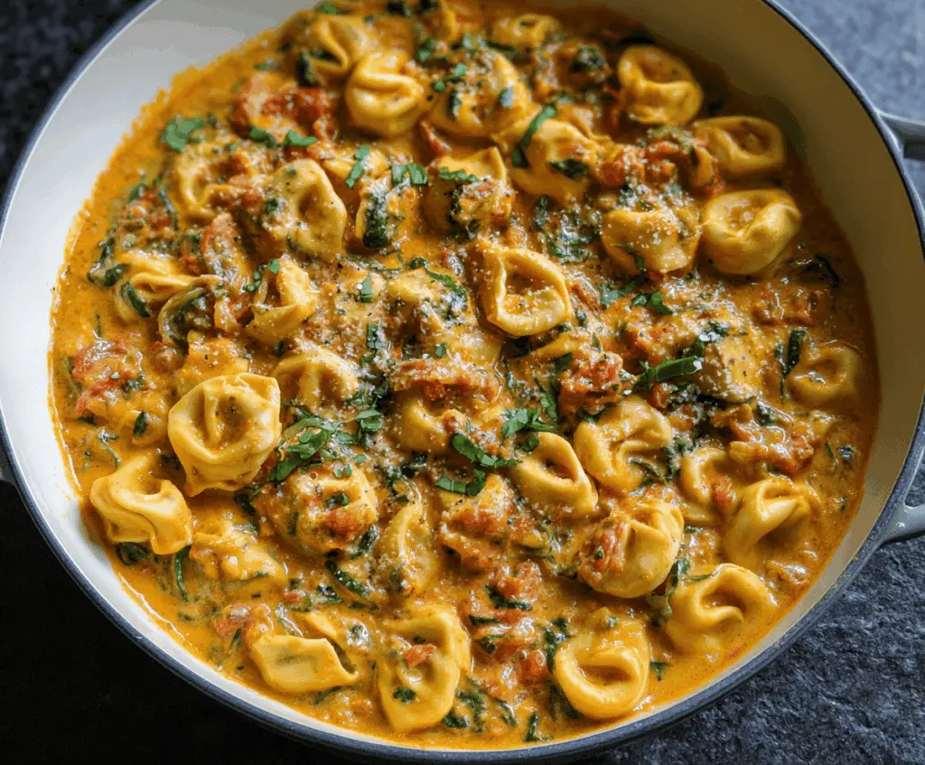 Creamy spinach and tomato tortellini served on a white plate with fresh basil garnish, featuring vibrant red tomatoes and green spinach in a rich creamy sauce