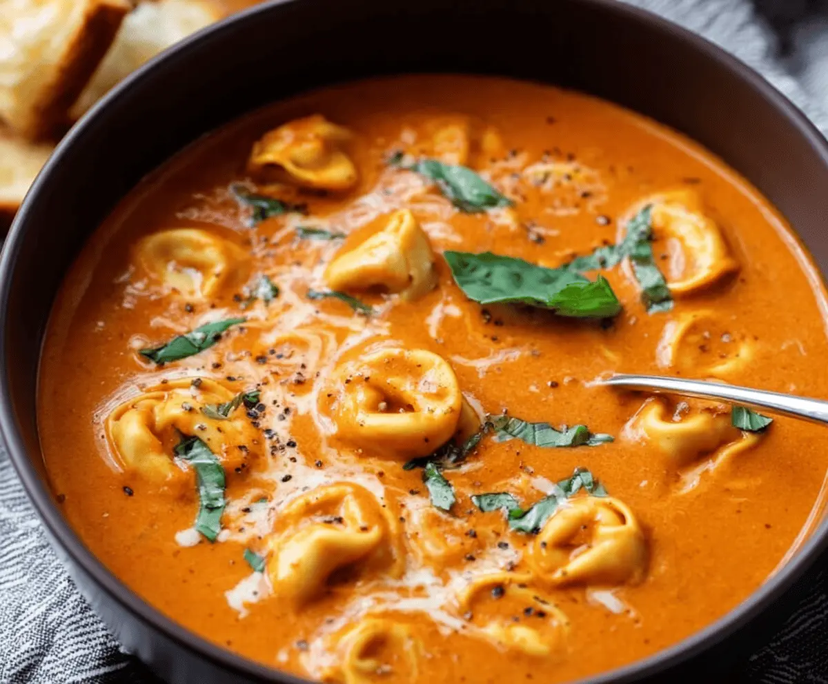 Creamy tomato basil tortellini soup in a bowl garnished with fresh basil and grated cheese, served with bread on a rustic wooden table