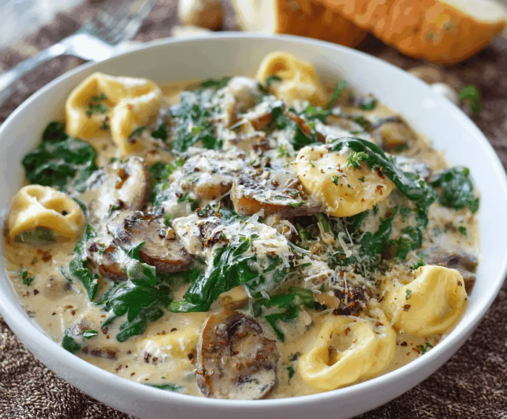 Creamy tortellini pasta with fresh spinach and sautéed mushrooms in a rich sauce, served on a white plate.