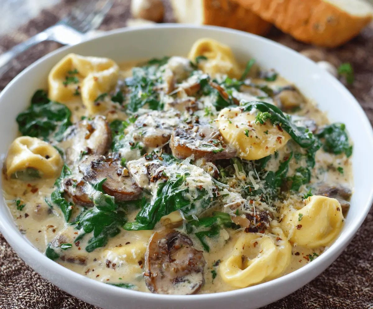 Creamy tortellini pasta with fresh spinach and sautéed mushrooms in a rich sauce, served on a white plate.