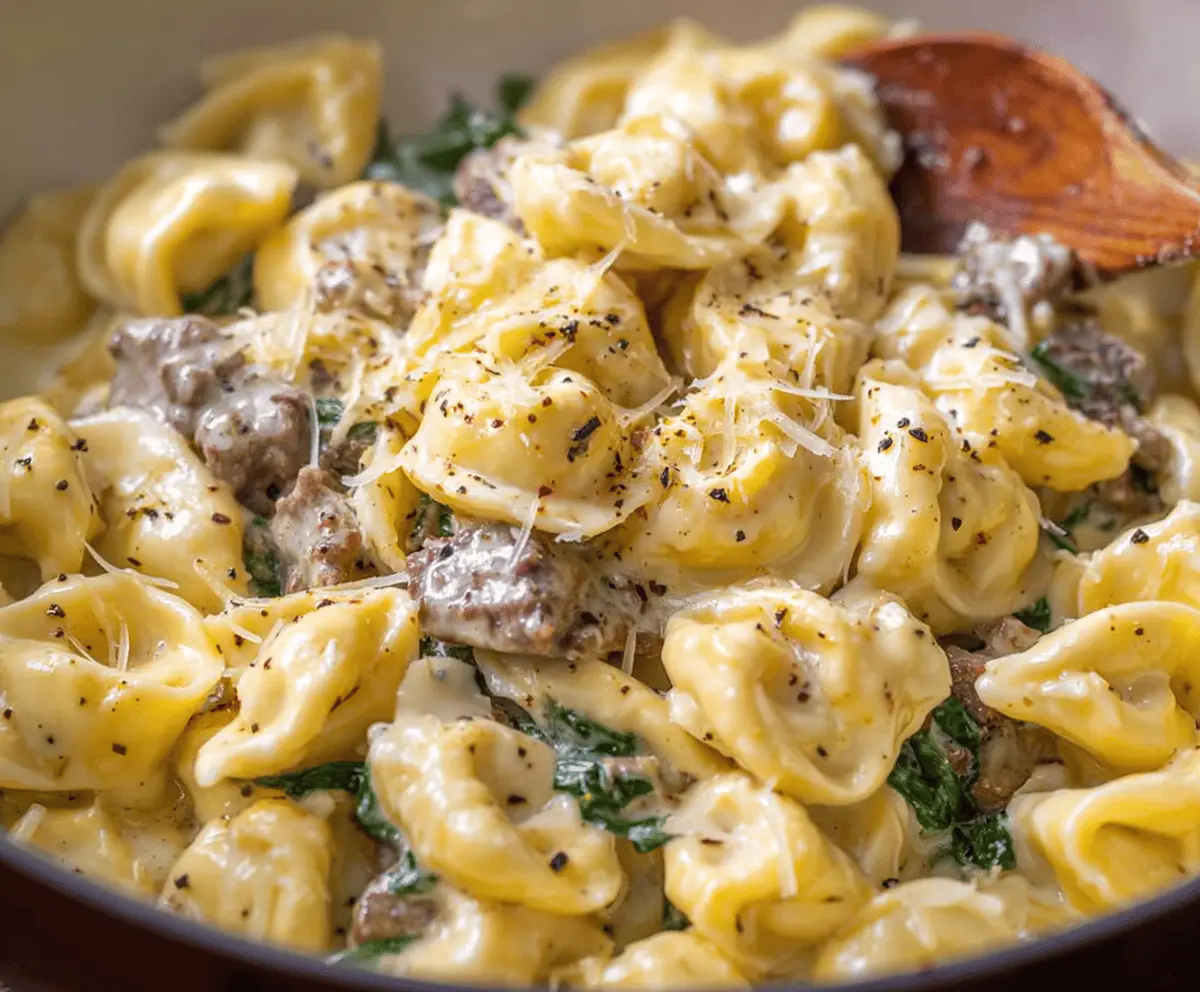 Creamy garlic butter beef and spinach tortellini served on a plate with fresh herbs, perfect for a flavorful pasta dinner.