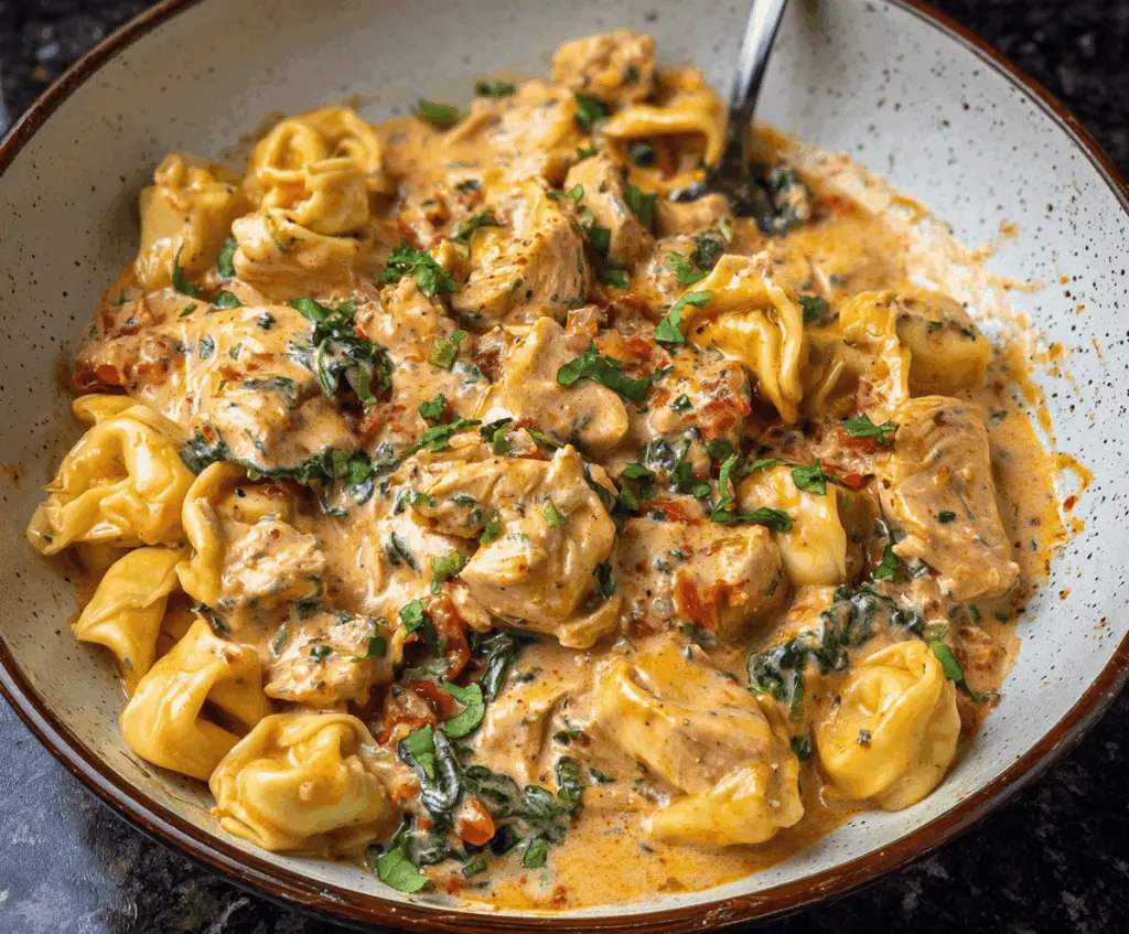 Creamy Marry Me Chicken Tortellini dish with tender tortellini, rich sauce, and fresh herbs on a white plate
