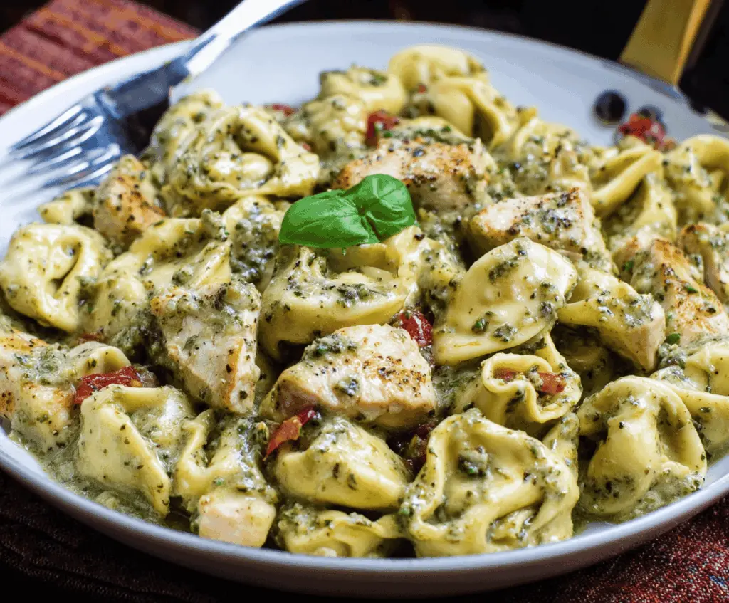 Creamy pesto chicken tortellini served on a white plate topped with fresh basil and grated Parmesan cheese, garnished with cherry tomatoes and herbs.