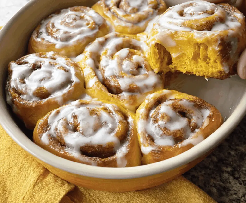 Delicious freshly baked pumpkin cinnamon rolls topped with creamy glaze, perfect for fall breakfast or dessert.