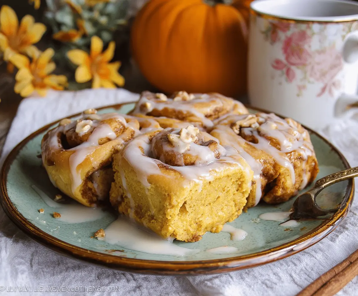 Delicious pumpkin cinnamon rolls topped with creamy coffee maple frosting on a rustic wooden table, perfect for fall indulgence.