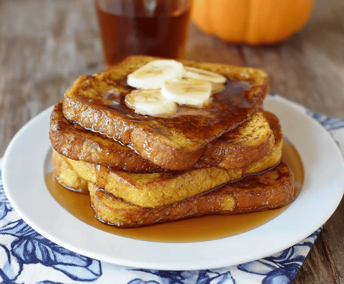 Delicious pumpkin French toast topped with whipped cream and caramelized pecans, served with a drizzle of maple syrup on a rustic plate.