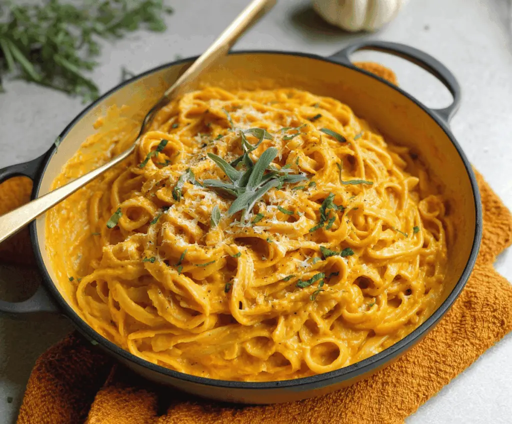 Creamy pumpkin pasta sauce served over al dente pasta, topped with fresh herbs for a delicious fall-inspired vegetarian dish.