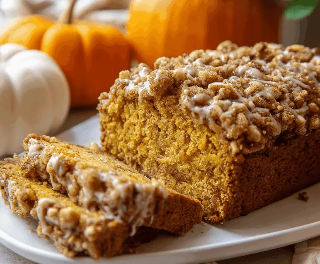 Sweet Pumpkin Streusel Bread topped with crunchy streusel crumble and slices ready to serve