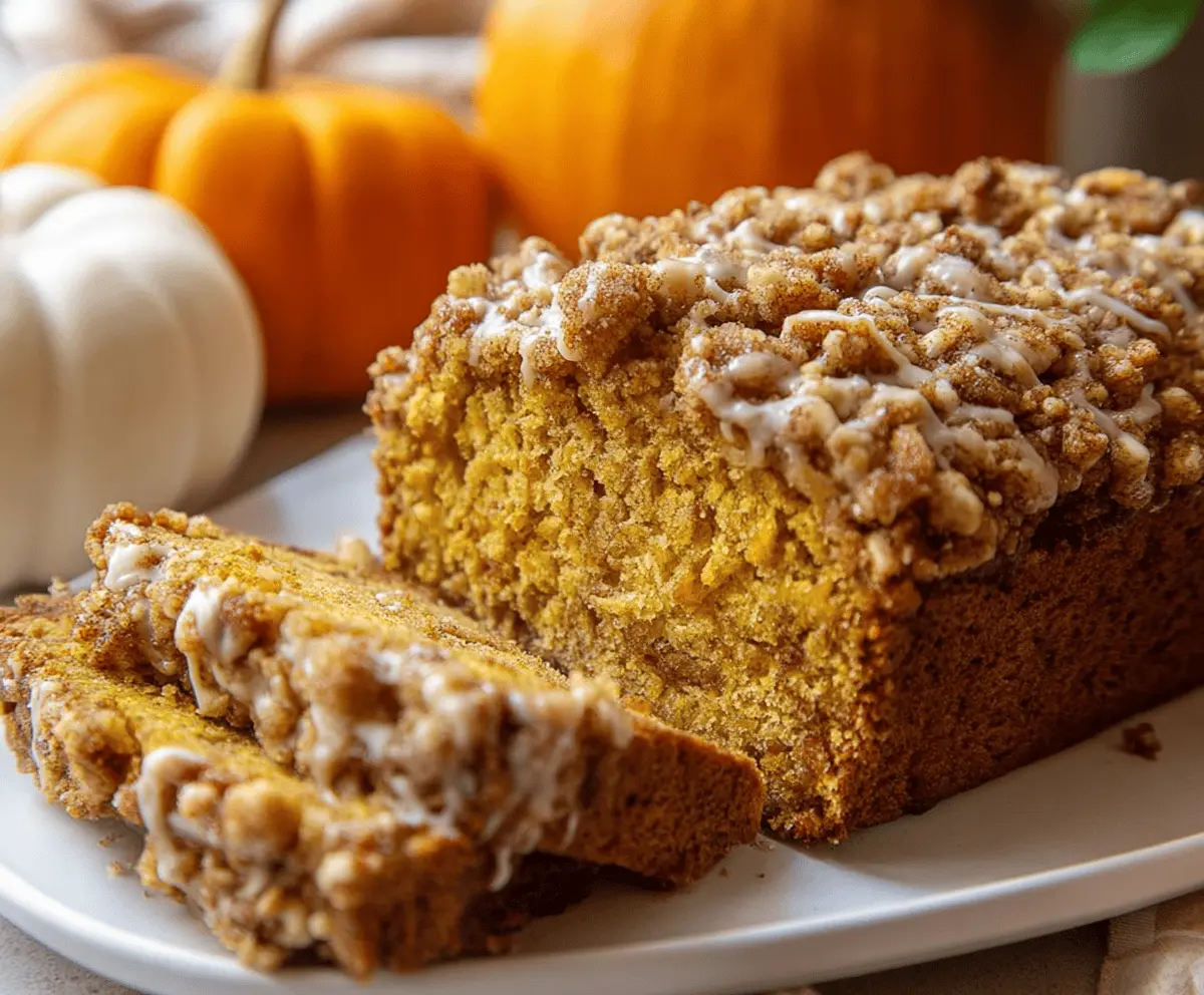 Sweet Pumpkin Streusel Bread topped with crunchy streusel crumble and slices ready to serve
