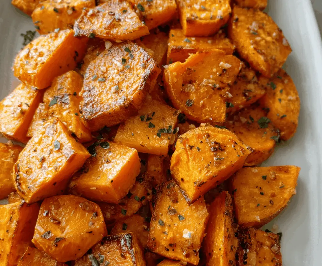 Delicious roasted sweet potatoes topped with garlic and Parmesan cheese, served as a healthy and flavorful side dish.