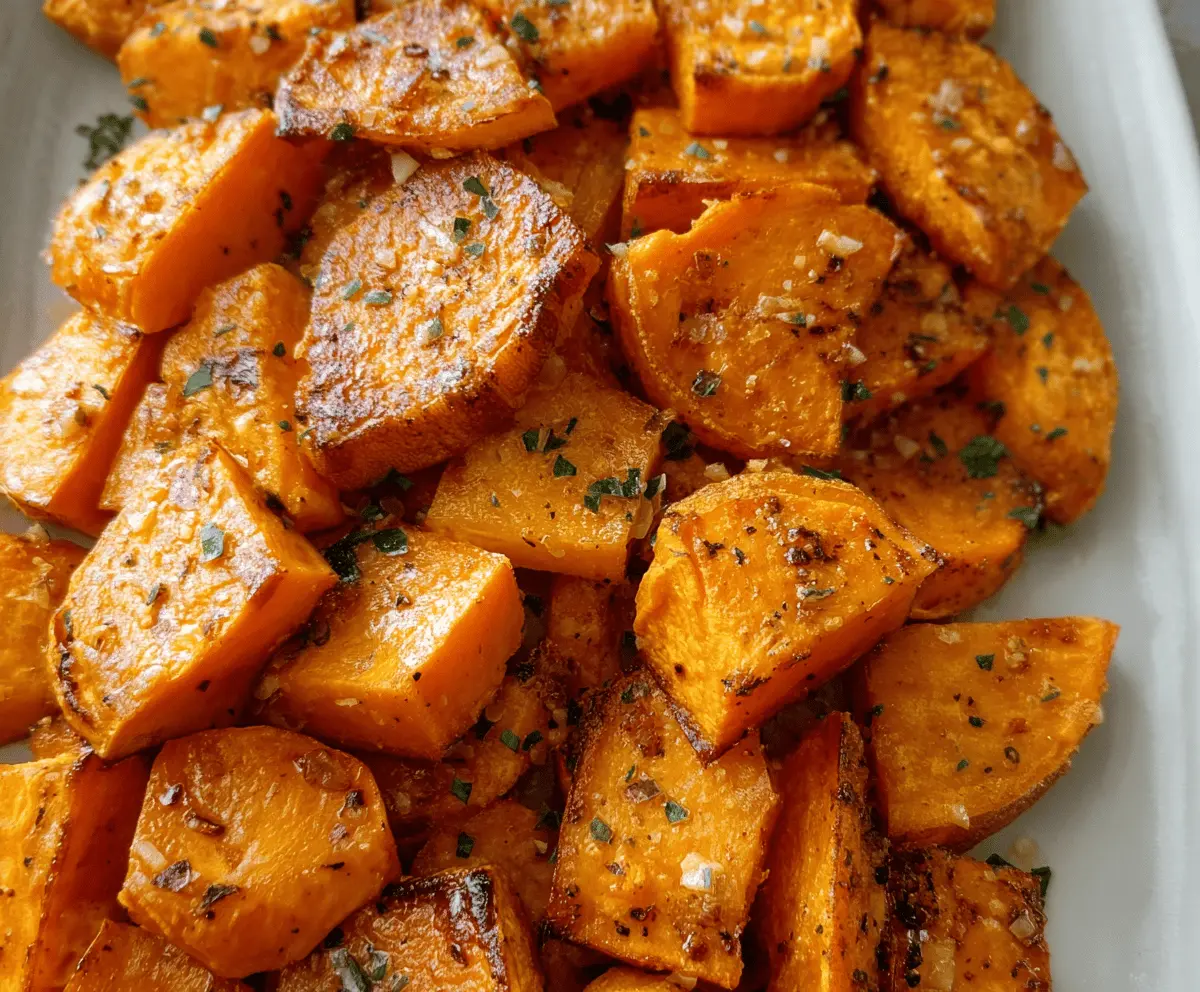 Delicious roasted sweet potatoes topped with garlic and Parmesan cheese, served as a healthy and flavorful side dish.