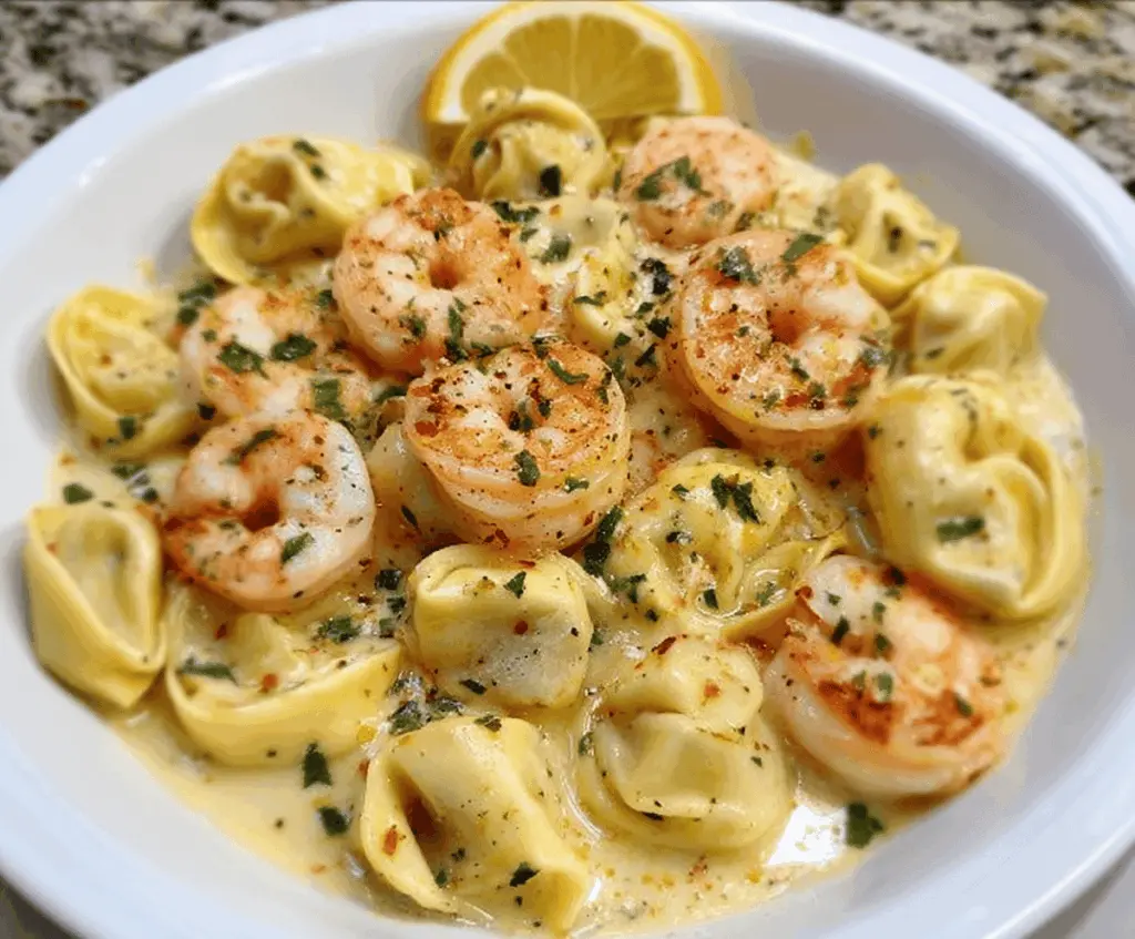 Delicious shrimp and cheese tortellini pasta topped with a creamy lemon garlic sauce, garnished with fresh herbs.
