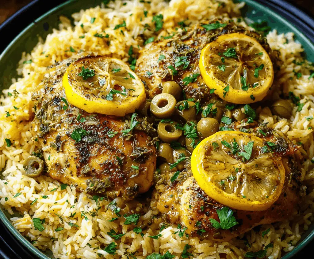 Slow Cooker Lemon Herb Chicken and Rice served in a white bowl with fresh herbs and lemon wedges on a wooden table