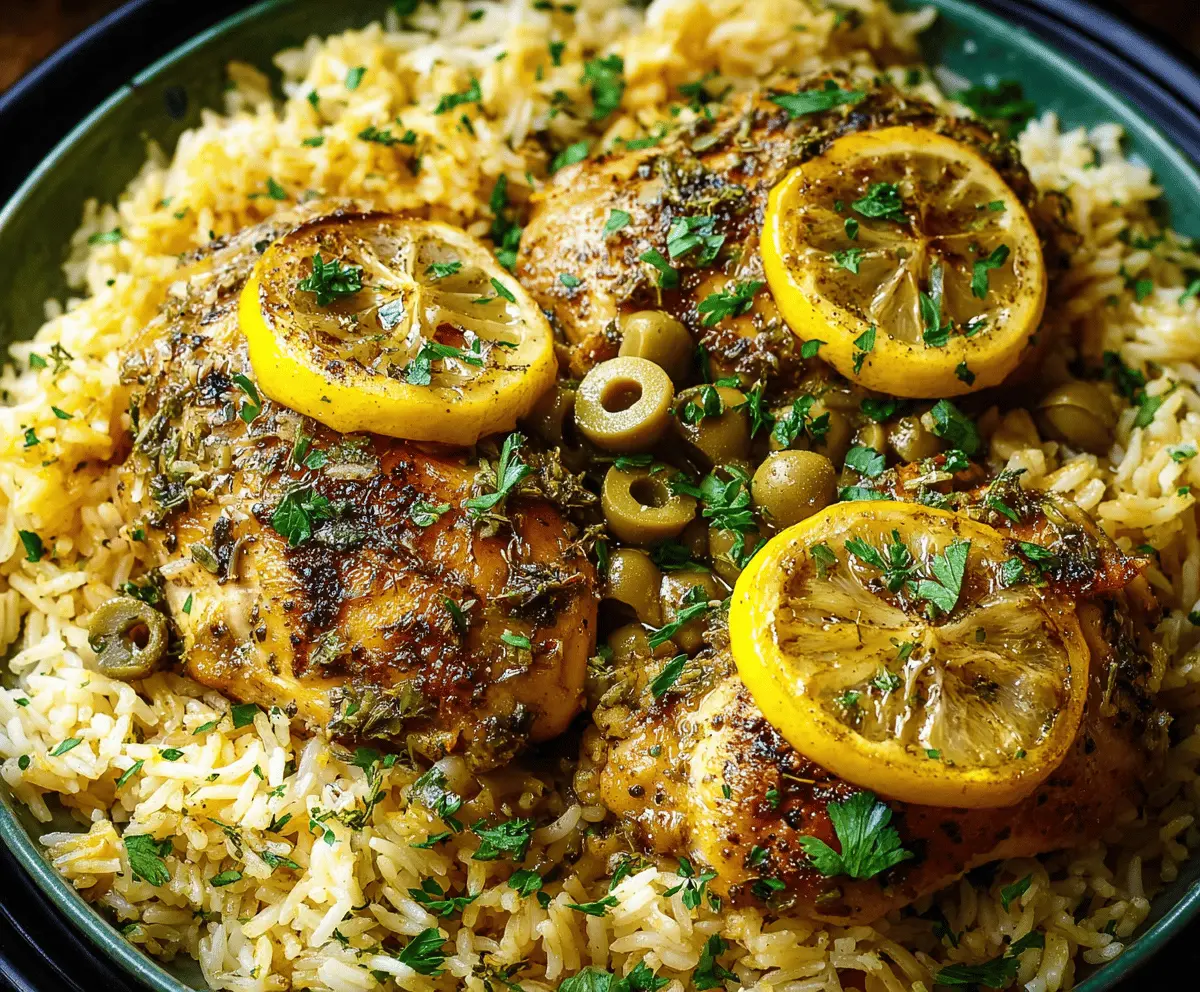Slow Cooker Lemon Herb Chicken and Rice served in a white bowl with fresh herbs and lemon wedges on a wooden table