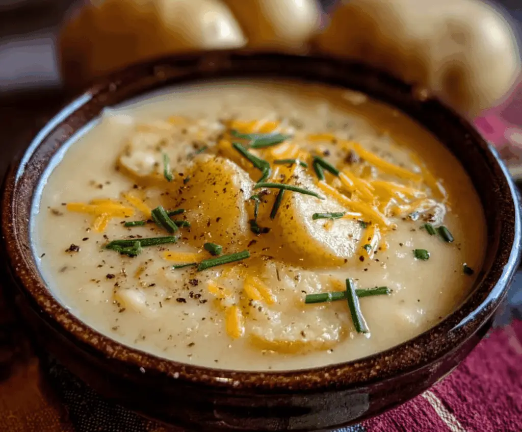 Creamy cheddar garlic herb potato soup served in a bowl, topped with melted cheese and fresh herbs, perfect for a comforting meal.