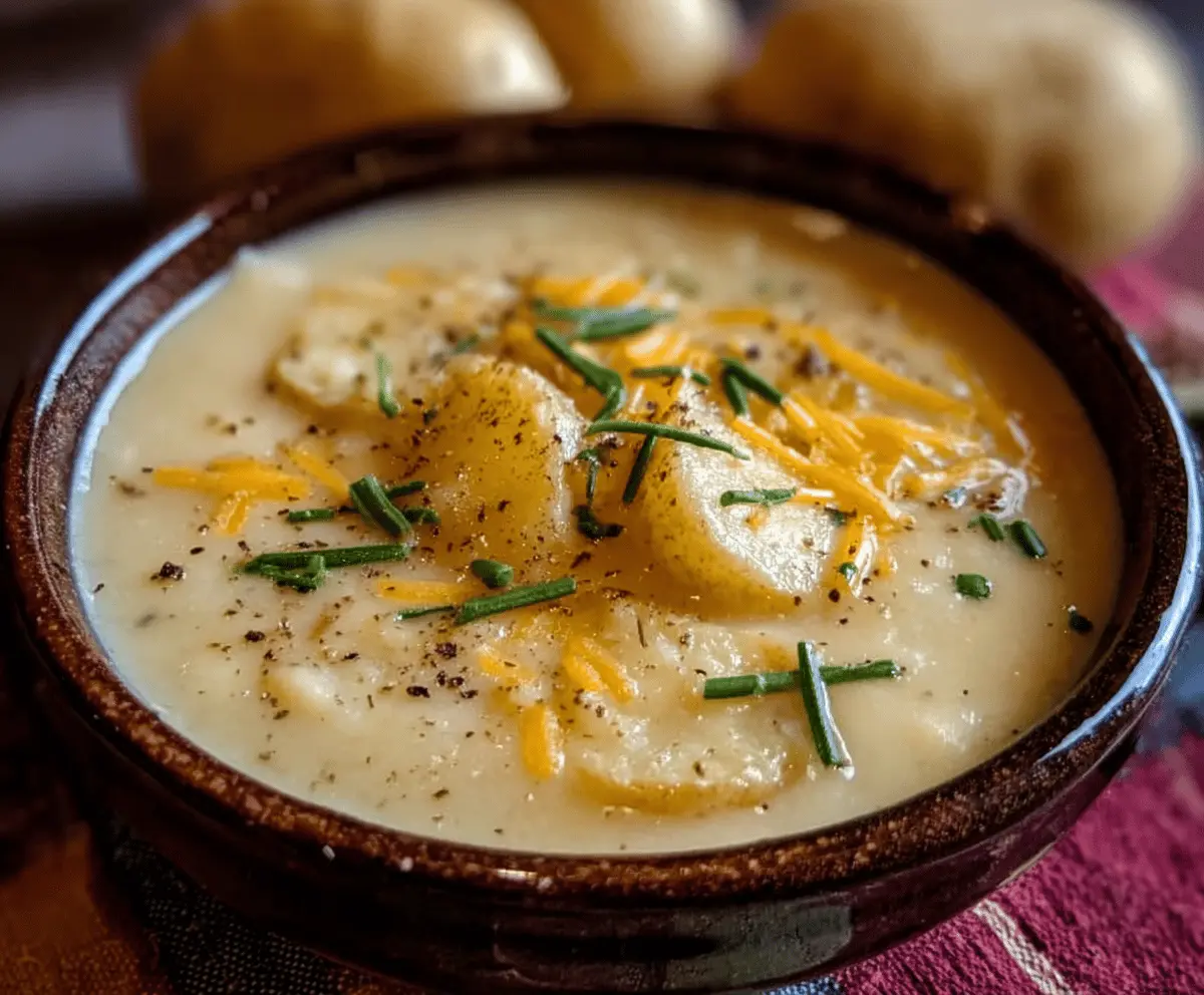Creamy cheddar garlic herb potato soup served in a bowl, topped with melted cheese and fresh herbs, perfect for a comforting meal.