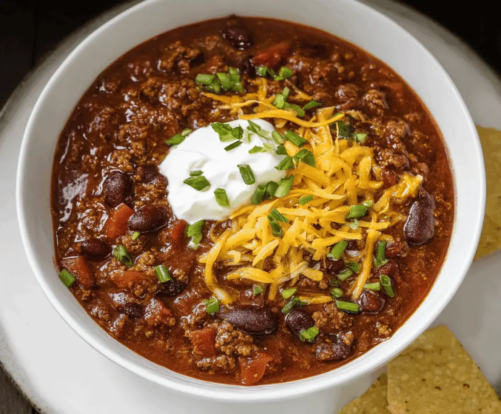 Hearty bowl of homemade classic beef chili topped with shredded cheese and fresh cilantro, served with cornbread on the side.