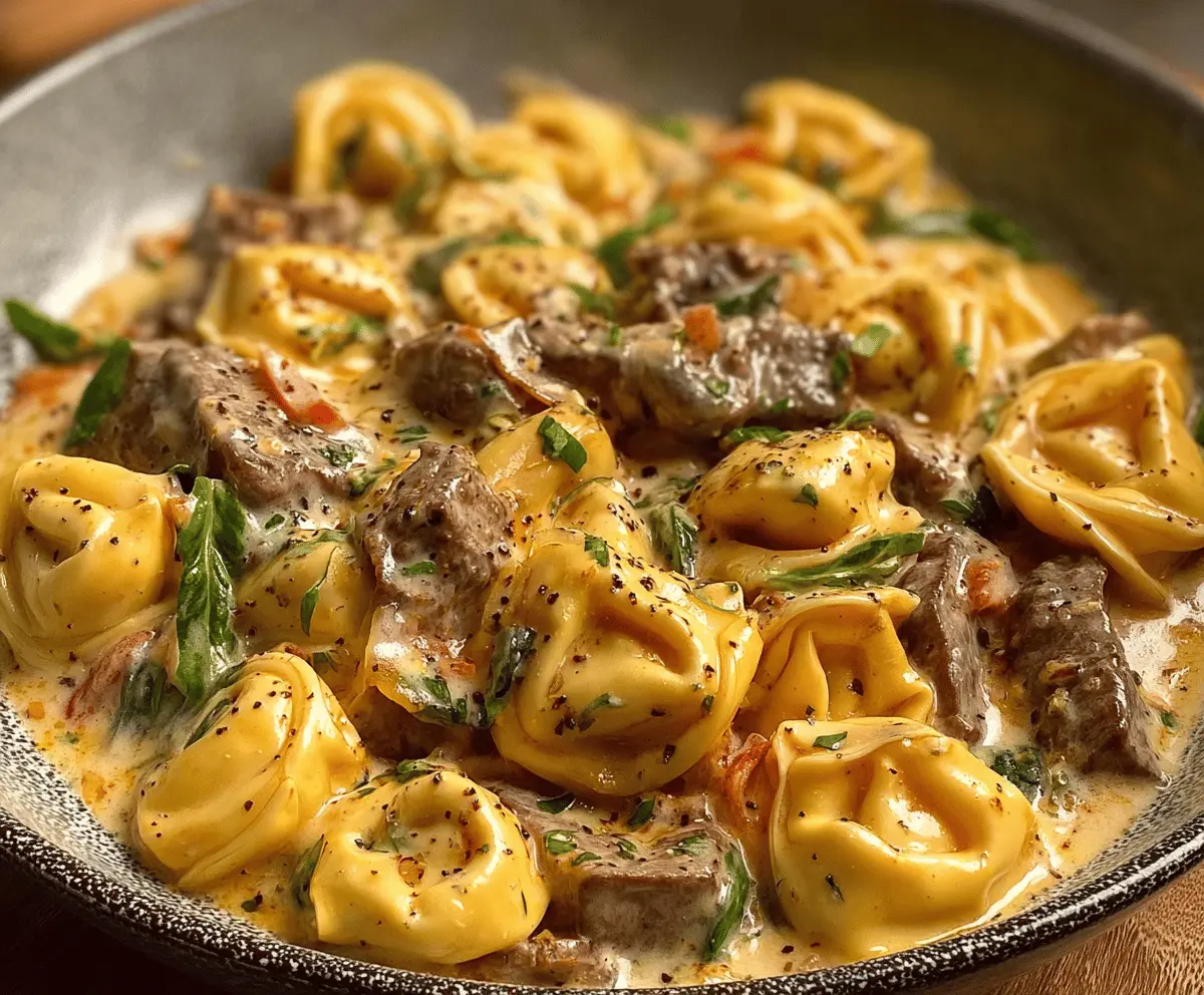 Creamy cheesesteak tortellini in rich provolone cheese sauce served on a plate with fresh herbs