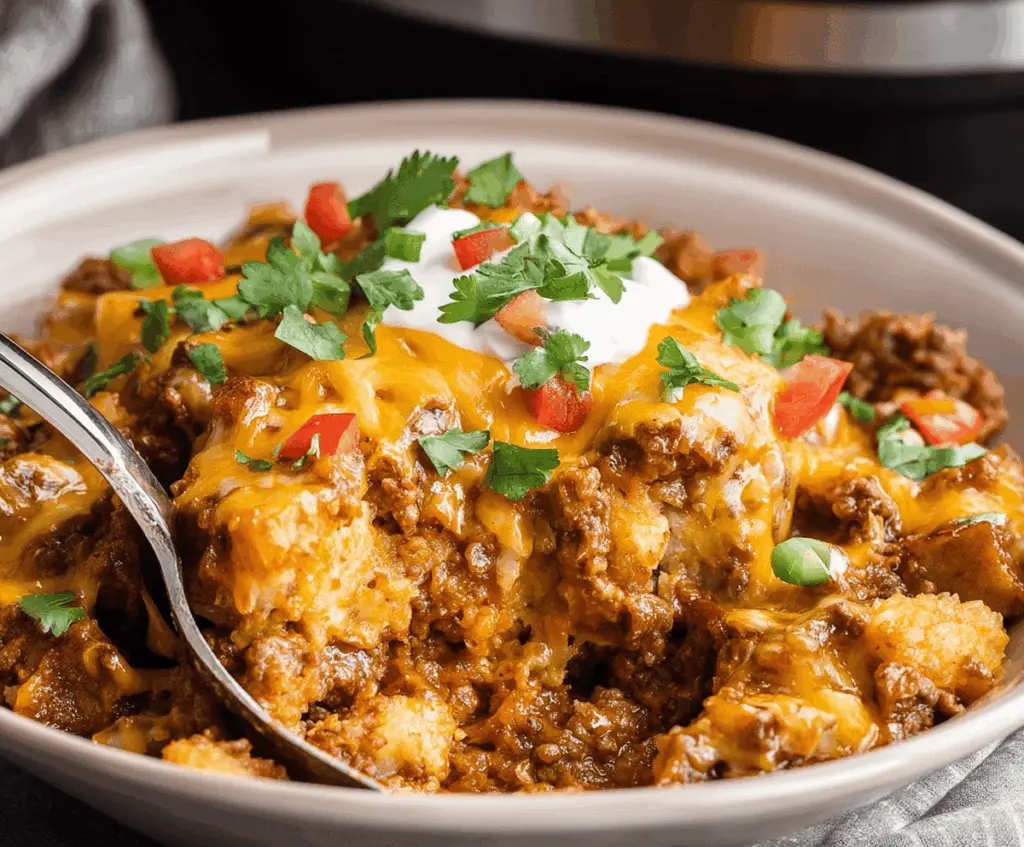 Delicious Crockpot Taco Casserole with seasoned ground beef, melted cheese, and fresh toppings served in a baking dish