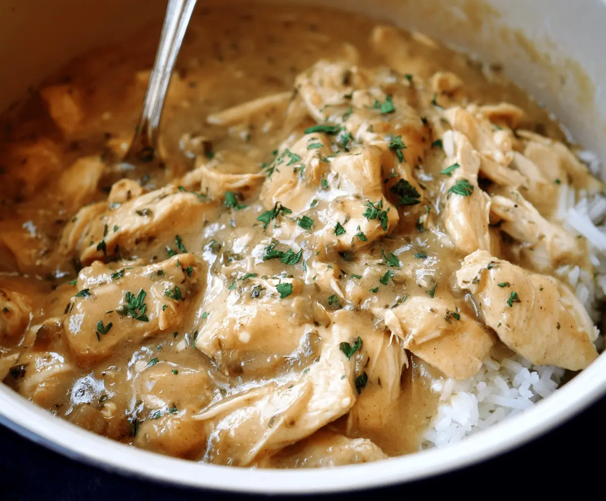 Delicious Easy Crockpot Chicken and Gravy served with mashed potatoes and steamed vegetables