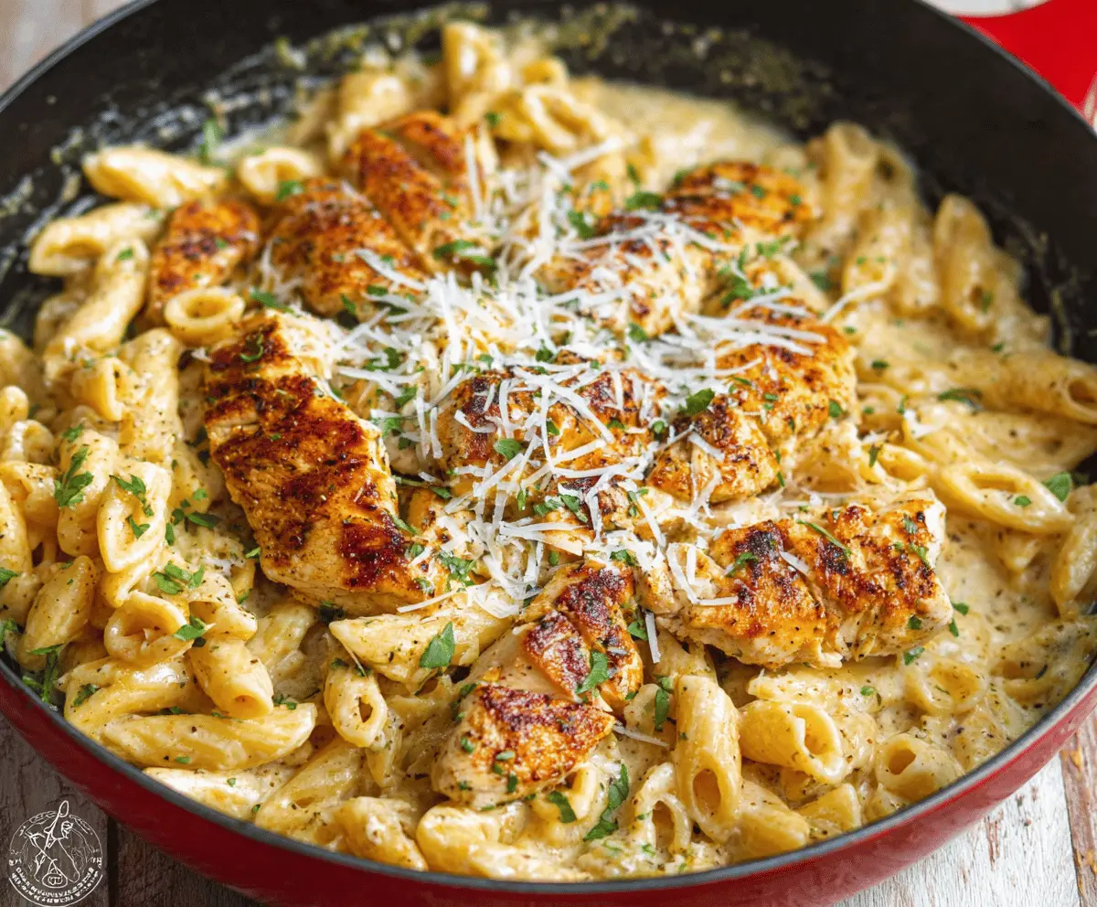 Creamy Parmesan Chicken Pasta dish with tender chicken, al dente pasta, and melted cheese, perfect for a quick and delicious meal.