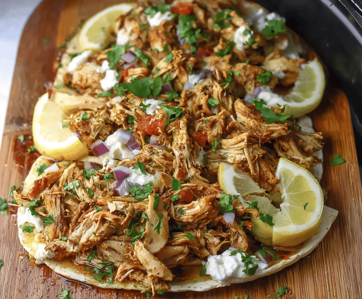 Delicious homemade slow cooker chicken shawarma garnished with fresh herbs and served with pita bread and vegetables