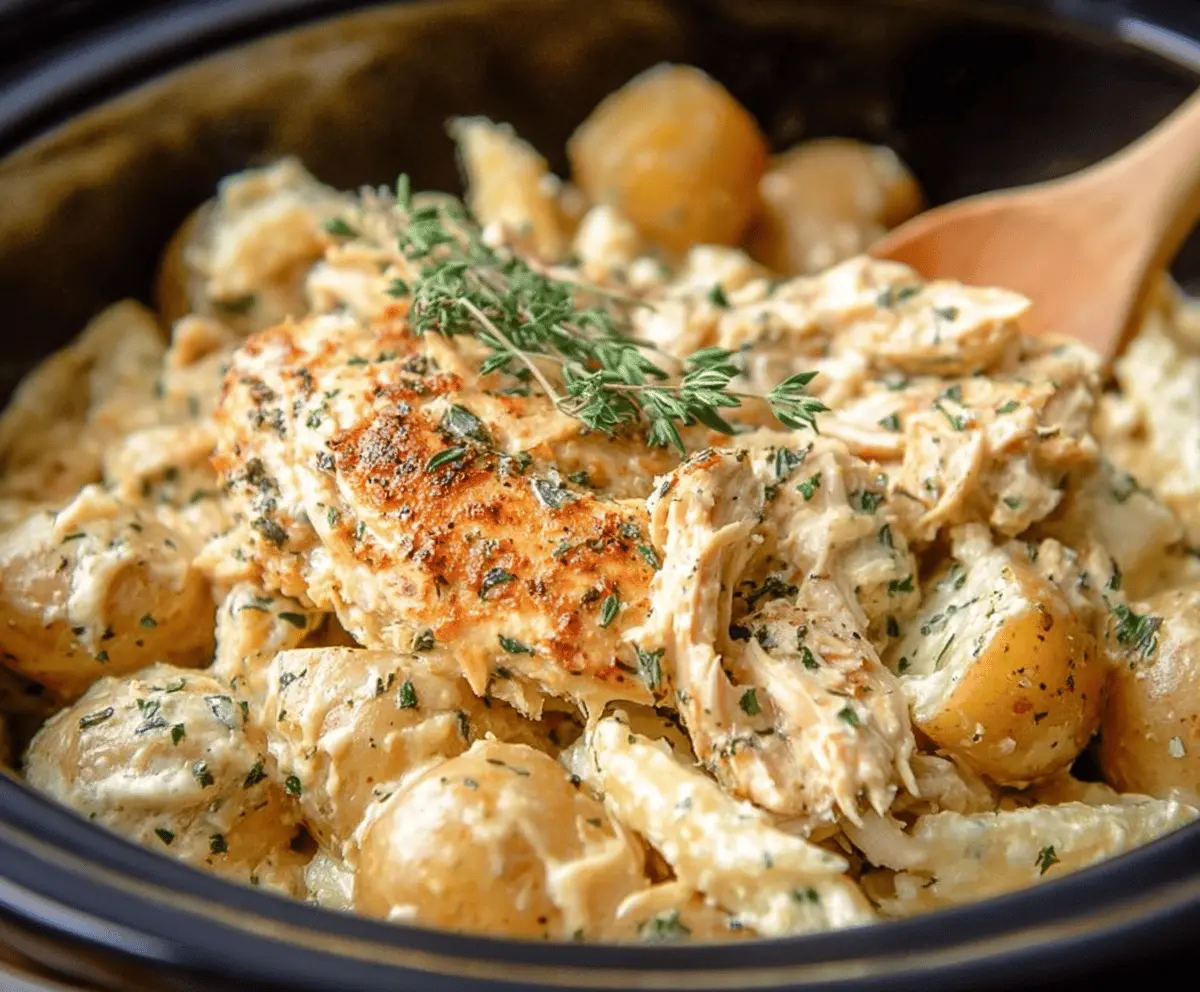 Creamy garlic Parmesan crockpot chicken and potatoes served in a rustic bowl with fresh herbs